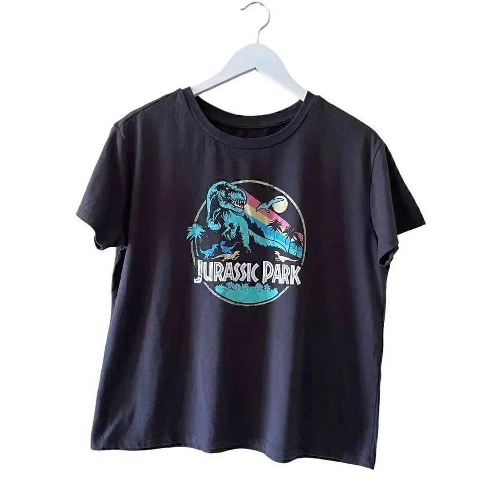 Jurassic Park Graphic Black Short Sleeves Cropped T-Shirt SZ XL